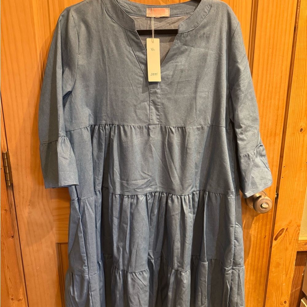 Chambray Tiered Women’s Dress in Light Blue